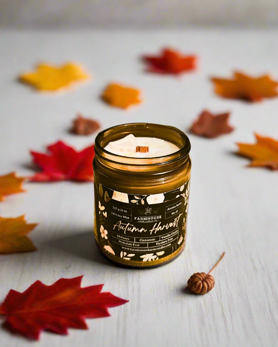 Embrace the cozy essence of fall with our Autumn Harvest Farmhouse Charm Candle. This meticulously crafted candle captures the heartwarming aroma of the season, blending rich molasses, spicy cinnamon, and creamy vanilla to create a scent that's both comforting and inviting. www.farmhousecharmcandles.com