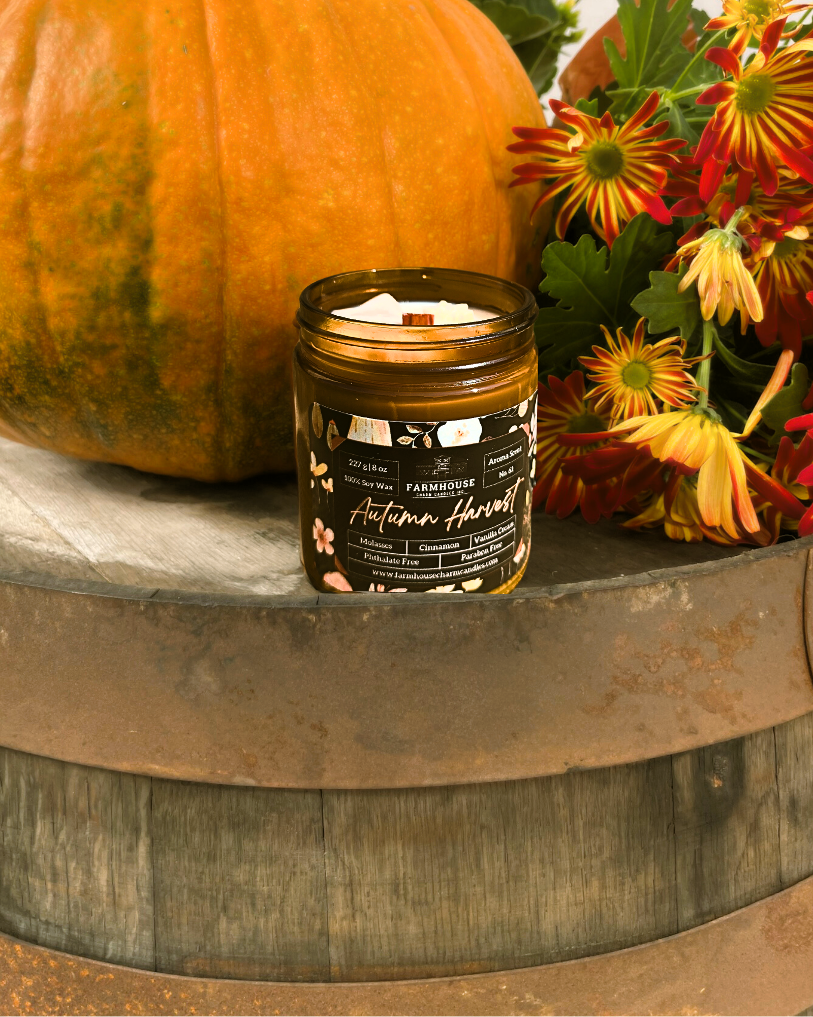 Embrace the cozy essence of fall with our Autumn Harvest Farmhouse Charm Candle. This meticulously crafted candle captures the heartwarming aroma of the season, blending rich molasses, spicy cinnamon, and creamy vanilla to create a scent that's both comforting and inviting. www.farmhousecharmcandles.com