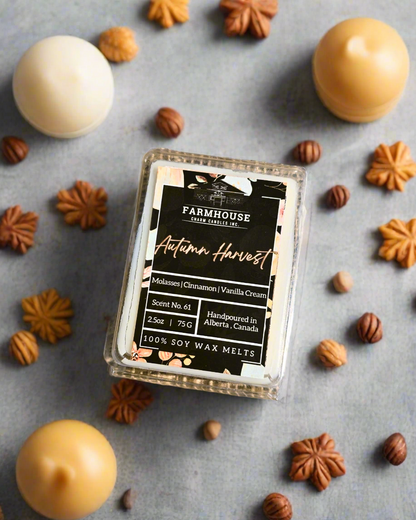 Embrace the cozy essence of fall with our Autumn Harvest Soy Wax Melts. This meticulously crafted soy wax melts&nbsp;captures the heartwarming aroma of the season, blending rich molasses, spicy cinnamon, and creamy vanilla to create a scent that's both comforting and inviting.

Imagine the warmth of a farmhouse kitchen on a crisp autumn morning, where the air is filled with the sweet scent of baked goods.