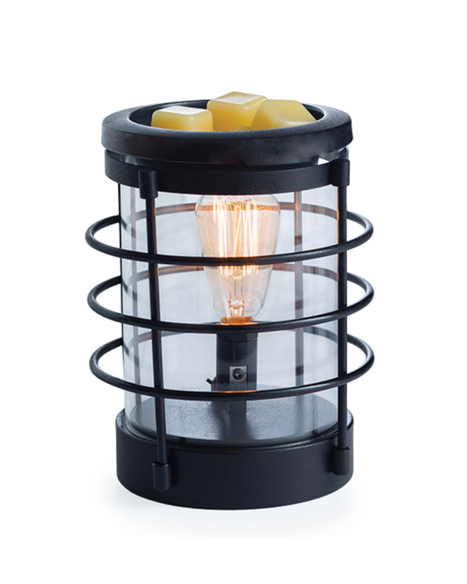 An updated traditional style with wire framing in a matte black finish give this Vintage Bulb Illumination a classic lantern feel. Illumination Fragrance Warmers use a Vintage Bulb to warm wax melts in the dish, releasing their fragrance.   Suggested Use: Simply add wax melts to the dish, turn it on, and enjoy your favorite fragrance as it spreads through the room. This warmer works beautifully with 100% Soy Wax Melts by Farmhouse Charm Candles Inc.