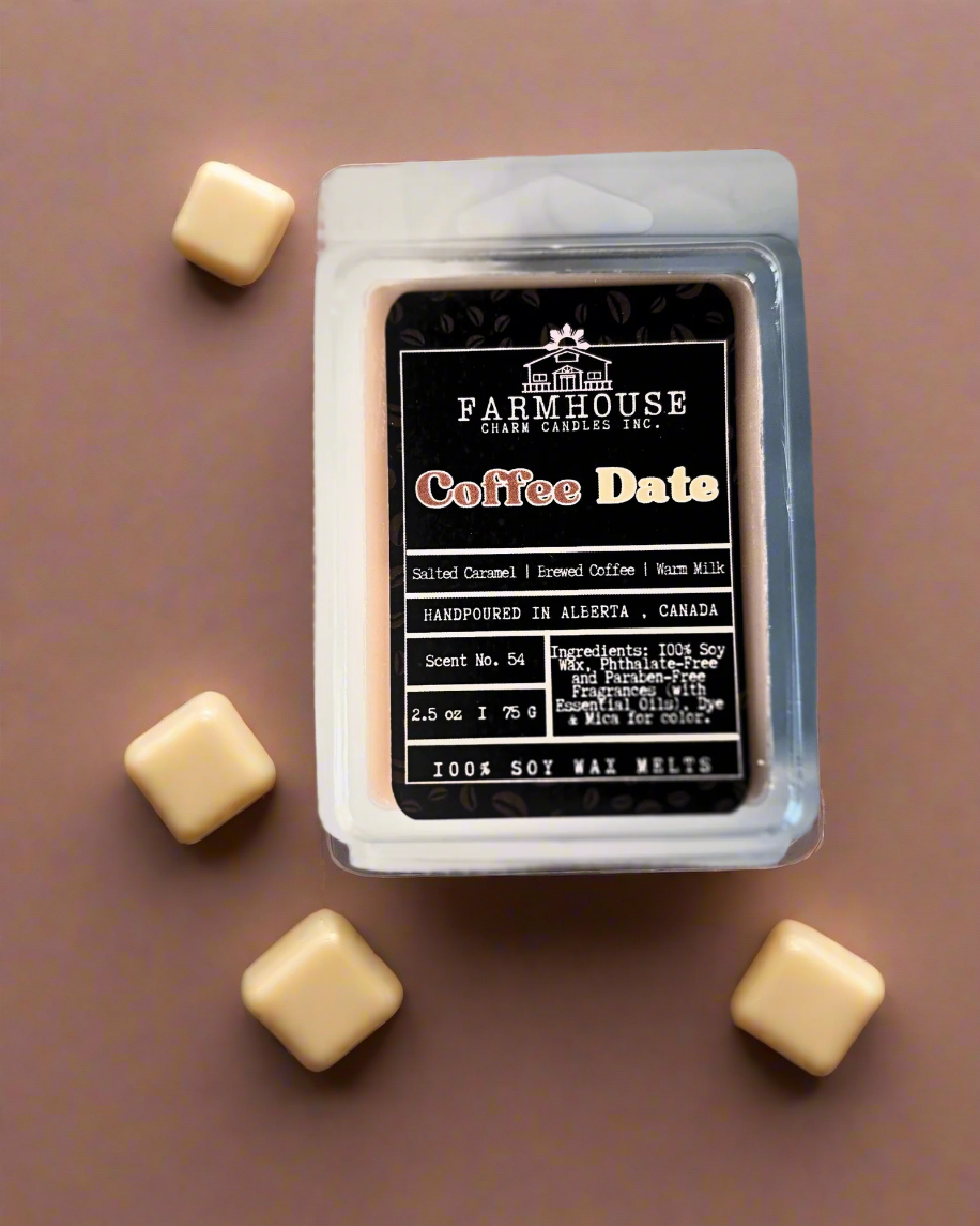 Farmhouse Charm Candles. Fill your space with the cozy aroma of your favorite café! Our Coffee Date Wax Melts feature a rich blend of salted caramel, freshly brewed coffee, and creamy warm milk. Each melt is beautifully handcrafted, ensuring a unique touch every time you enjoy them.