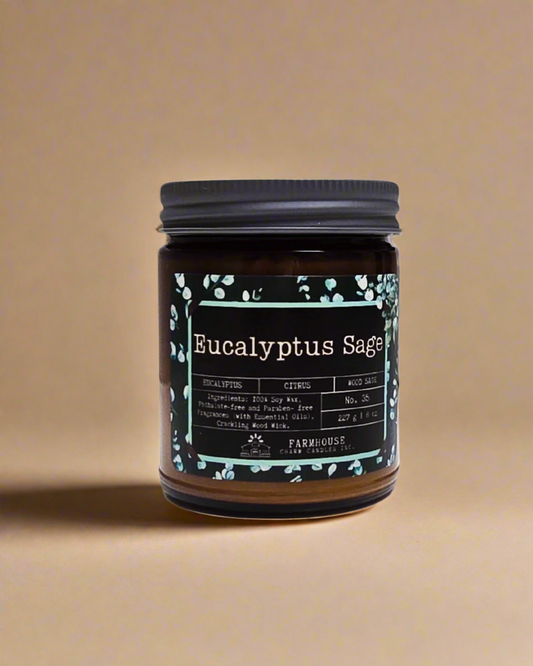 Eucalyptus Sage Soy Candle-Farmhouse Charm Candles. A blend of cool eucalyptus, zesty lemon, and earthy sage. Fresh, uplifting, and totally relaxing.