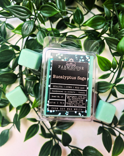 A blend of cool eucalyptus, zesty lemon, and earthy sage. Fresh, uplifting, and totally relaxing. Eucalyptus Sage Soy Wax Melts -Farmhouse Charm Candles