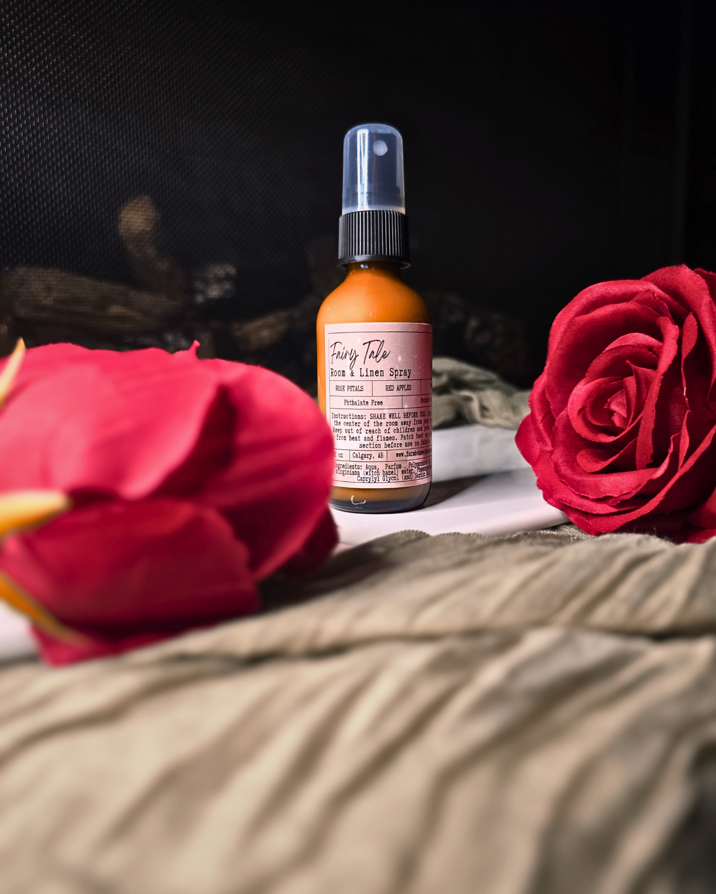 Farmhouse Charm Candles. Refresh your space with the timeless fragrance of our Fairy Tale Room &amp; Linen Spray. Inspired by love, nostalgia, and the beauty of nature, this enchanting spray combines the delicate aroma of rose petals, juicy red apples, and the grounding notes of forest woods.