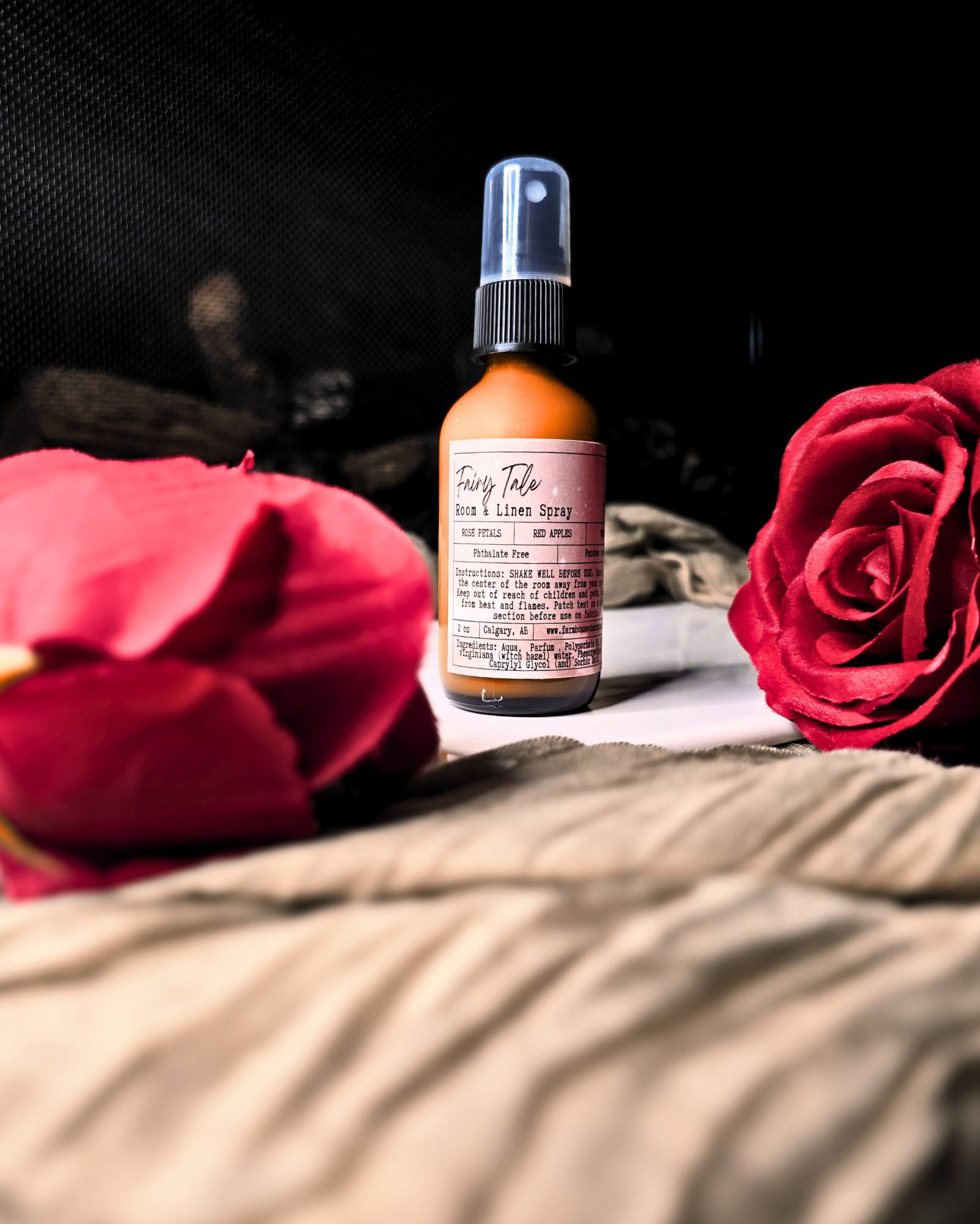 Farmhouse Charm Candles. Refresh your space with the timeless fragrance of our Fairy Tale Room &amp; Linen Spray. Inspired by love, nostalgia, and the beauty of nature, this enchanting spray combines the delicate aroma of rose petals, juicy red apples, and the grounding notes of forest woods.