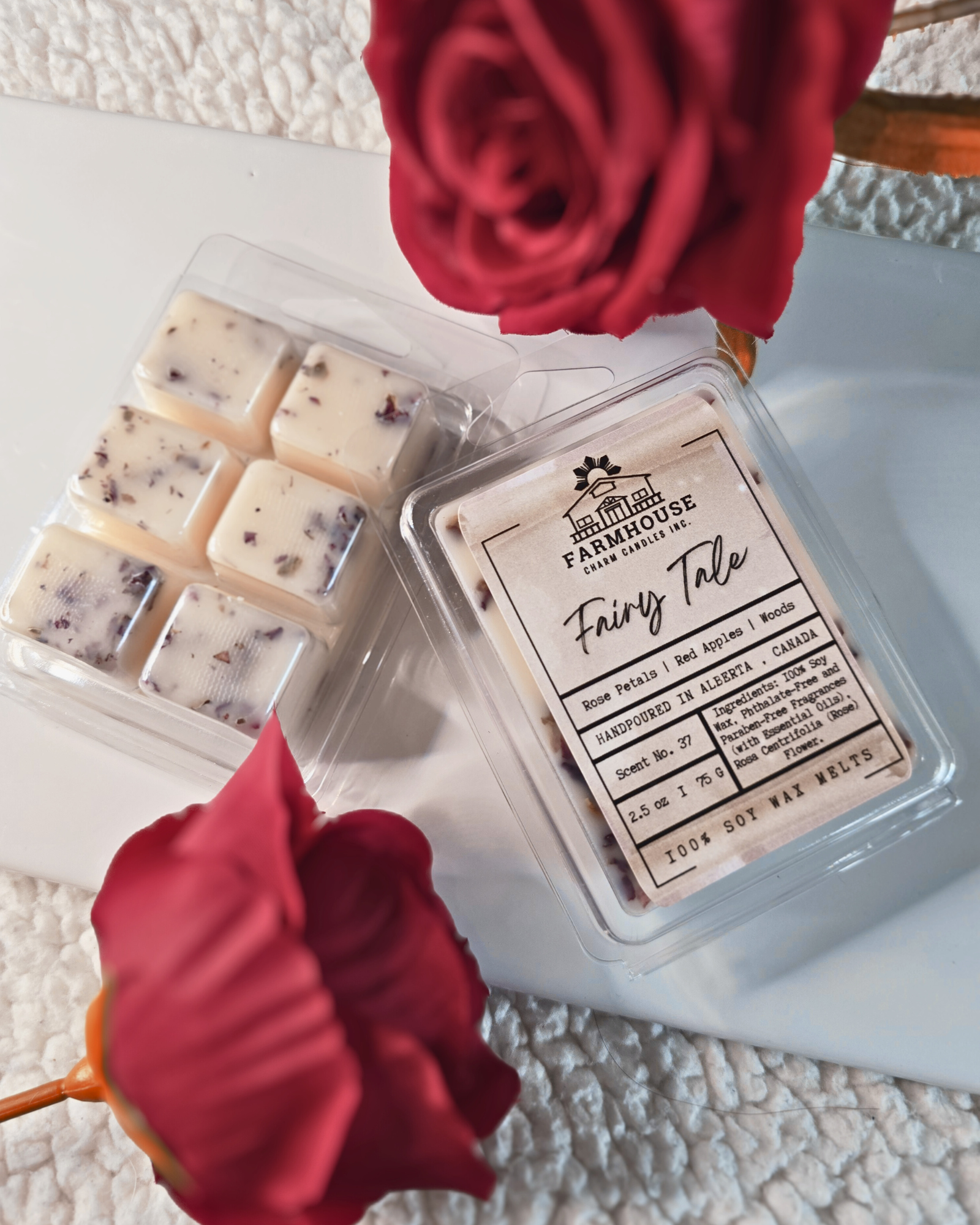 Farmhouse Charm Candles. Bring timeless beauty and a captivating aroma to your space with our Fairy Tale Wax Melts. Inspired by love, nostalgia, and the serene charm of nature, these wax melts feature a harmonious blend of rose petals, crisp red apples, and earthy forest woods.