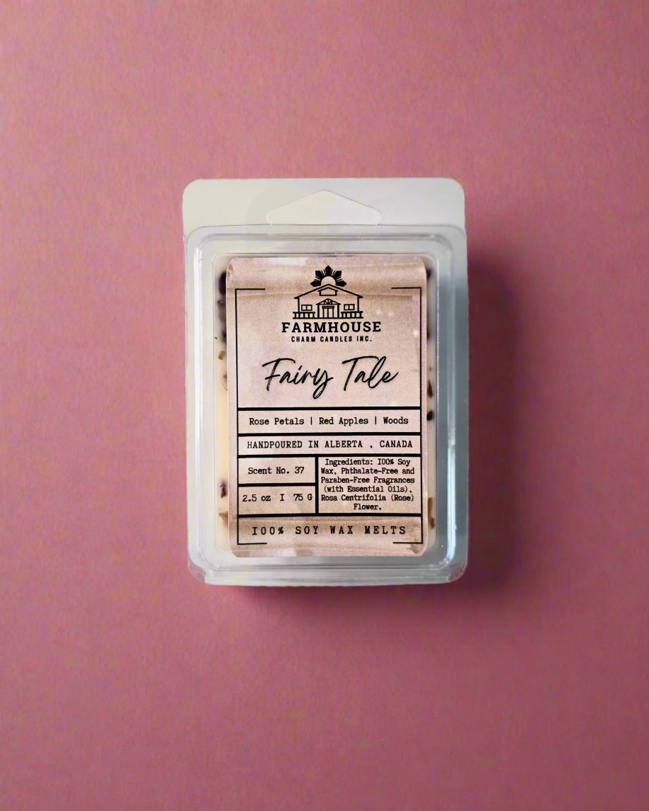 Farmhouse Charm Candles. Bring timeless beauty and a captivating aroma to your space with our Fairy Tale Wax Melts. Inspired by love, nostalgia, and the serene charm of nature, these wax melts feature a harmonious blend of rose petals, crisp red apples, and earthy forest woods.