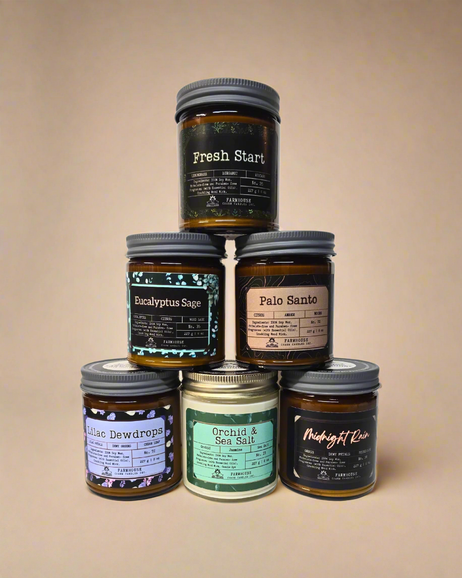 Spring Collection Bundle. 6 hand-poured, phthalate-free candles designed to refresh your space.

🕯 Lilac Dewdrops – Soft lilac petals kissed by morning rain.
🕯 Palo Santo – Warm, grounding wood with a hint of spice.
🕯 Fresh Start – Crisp citrus and green herbs for a clean vibe.
🕯 Orchid &amp; Sea Salt – Exotic florals meet ocean breeze.
🕯 Eucalyptus Sage – Herbal freshness with a soothing touch.
🕯 Midnight Rain – Dark musk and rain-soaked earth for a moody glow. Farmhouse Charm Candles