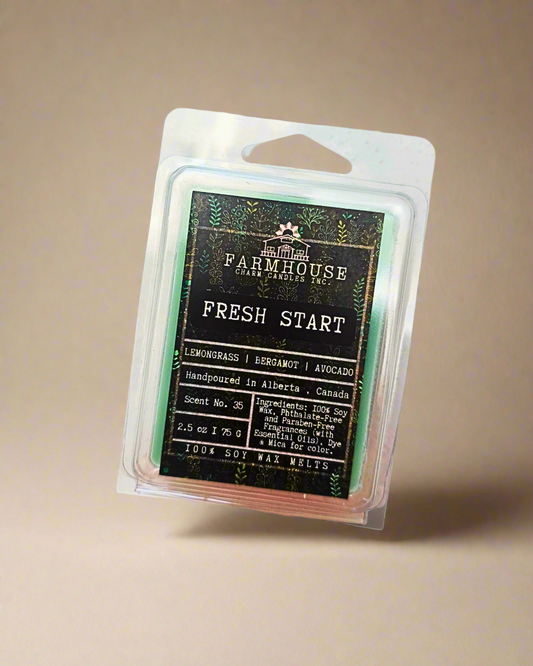 A crisp blend of zesty lemongrass, uplifting bergamot, and creamy avocado. This invigorating scent awakens the senses, bringing a burst of freshness to any room. Fresh Start Soy Wax Melts - Farmhouse Charm Candles