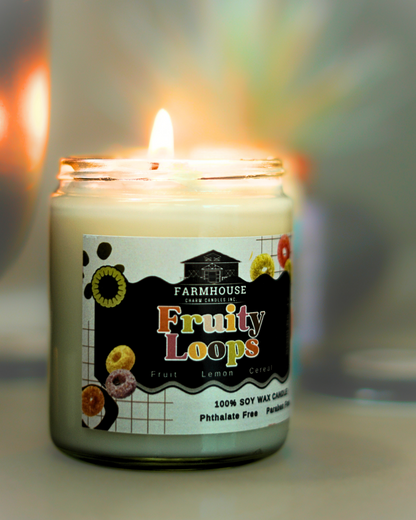 Step into a world of childhood nostalgia with our Fruity Loops Soy Candle- Aroma Scent No. 12.&nbsp; It's like a sweet trip down memory lane, with fruity goodness and a hint of lemon, all wrapped up in that cozy cereal warmth. Let this candle take you back to those carefree childhood days! Wondering why it's our number one bestseller? Here's why: 🌿 Eco-Friendly Ingredients:www.farmhousecharmcandles.com