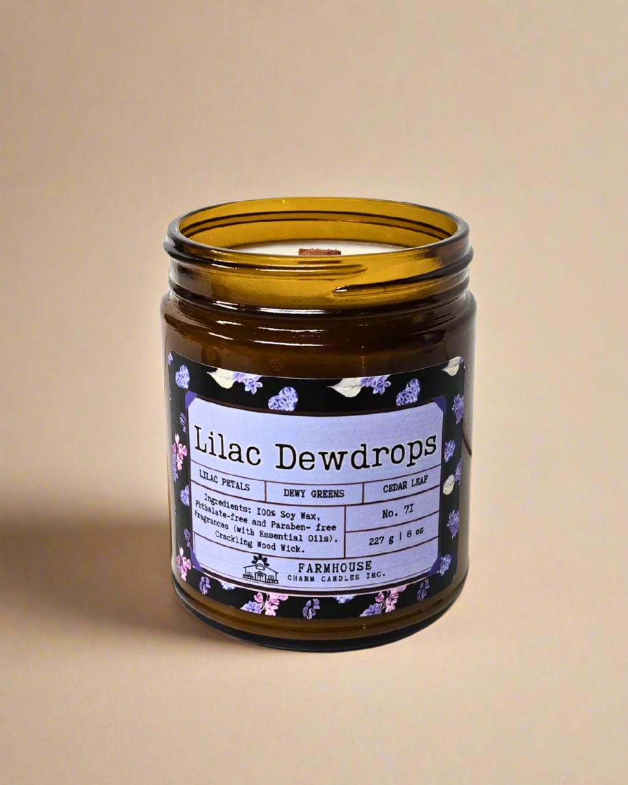 woodsy finish. Fresh, floral, and oh-so-inviting! Lilac Dewdrops Soy Candle-Farmhouse Charm Candles