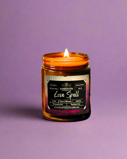 Indulge in the captivating charm of the Love Spell Soy Candle, Aroma Scent No. 01. Expertly crafted to awaken your senses, this luxurious blend of orange, bergamot, cherry blossom, and white jasmine offers a perfectly balanced scent profile. The delicate fusion of floral and fruity notes, with just the right touch of sweetness, transforms your space into a haven of pure bliss.