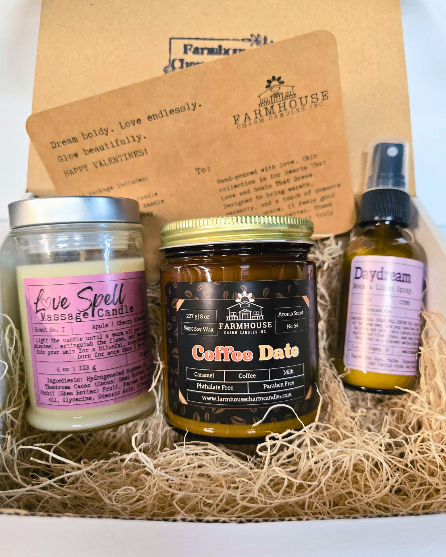 The perfect gift for cozy, love-filled moments! This bundle of romance &amp; relaxation includes:

☕ Coffee Date Candle (8 oz) – A warm, inviting blend of salted caramel, coffee and milk.
💖 Love Spell Massage Candle (4 oz) – Melts into a silky massage oil with notes of jasmine, apple, and apple blossom.
🌙 Daydream Room Spray (2 oz) – A dreamy burst of coconut, peach, and soft florals.

www.farmhousecharmcandles.com