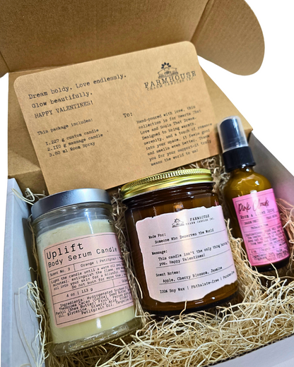 The ultimate romantic bundle for candle lovers & dreamers at heart! Uplift Body Massage Candle, 100% Soy wax Candle, Pink clouds Room Spray. www.farmhousecharmcandles.com