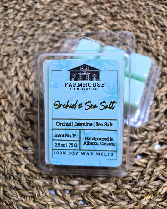 Orchid Sea Salt Soy Wax Melts is a blend of soft florals of orchid with a touch of jasmine and lily. It has a crisp aquatic highlights of sea salt mist that elevates the smooth and elegant aroma. It is truly an invigorating scent! 2.5 oz net weight. Orchid & Sea Salt Soy Wax Melts is in a 6 cubes recyclable clamshell