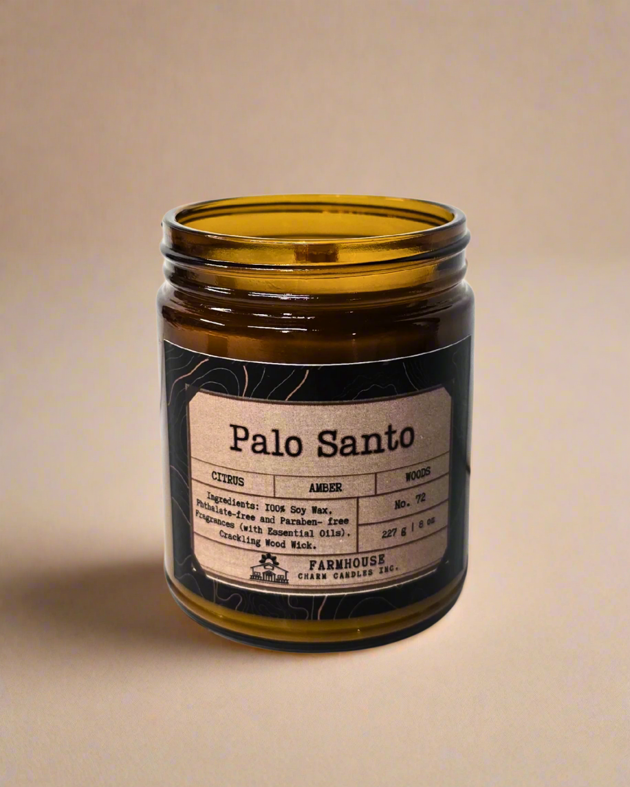 A blend of citrus, warm amber, and grounding woods, crafted to cleanse energy and invite tranquility. Perfect for resetting your space with a soothing, earthy aroma. Palo Santo Soy Candle- Farmhouse Charm Candles