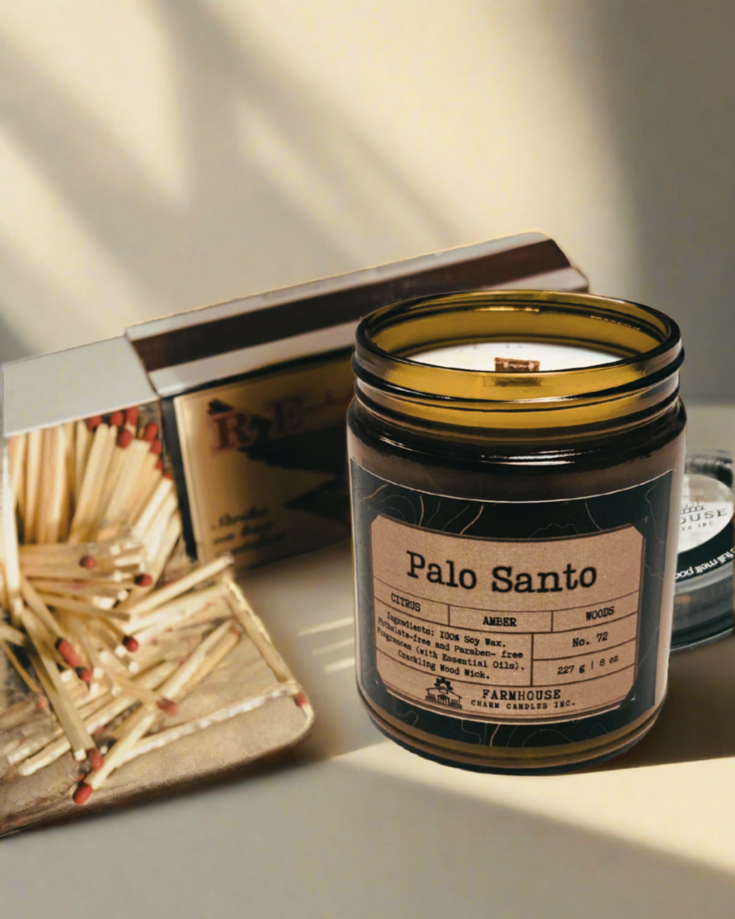 A blend of citrus, warm amber, and grounding woods, crafted to cleanse energy and invite tranquility. Perfect for resetting your space with a soothing, earthy aroma. Palo Santo Soy Candle- Farmhouse Charm Candles