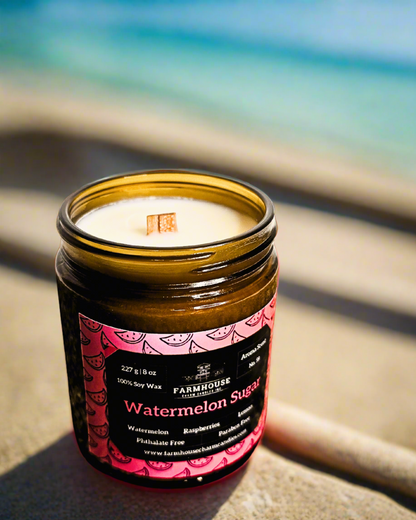 Relive the sweet memories of summer with our newest blend - the Watermelon Sugar Soy Candle - Aroma Scent No. 59! This delightful candle is a perfect mix of juicy watermelon, sweet raspberries, and zesty lemon, whisking you away to sunny days and cool, refreshing treats. It’s like tasting strawberries on a warm summer evening and hearing your favorite song. You’ll crave more of those summer vibes with its wonderful, warm glow. www.farmhousecharmcandles.com
